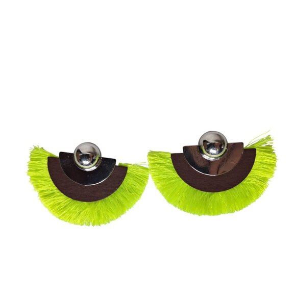 Fringe Neon Yellow Half Moon Earrings Jewelry - Picture 1 of 4